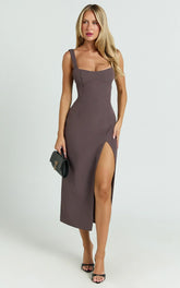 Aretha Midi Dress - Square Neckline High Split Dress in Mocha