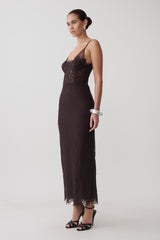 Ottilie Lace And Mesh Midi Dress - Dark Chocolate