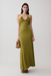 Maely Gathered Slinky Maxi Dress - Olive