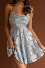 Marbella Floral Embroidered Mesh Scoop Neck Mini Dress Steel Blue
