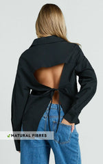 Amaris Top - Long Sleeve Open Back Tie Shirt in Black