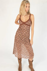 Brown Lace Trim Printed Midi Dress
