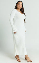 Astra Maxi Dress - V Neck Long Sleeve Knit Dress in White