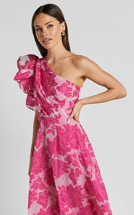 Alfreda Midi Dress - One Shoulder Ruffle Detail Brailey Jacquard Dress in Pink