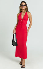 Arlette Midi Dress - Strappy V Neck Under Bust Gathered Tie Front Bias Slip Skirt Dress in Red