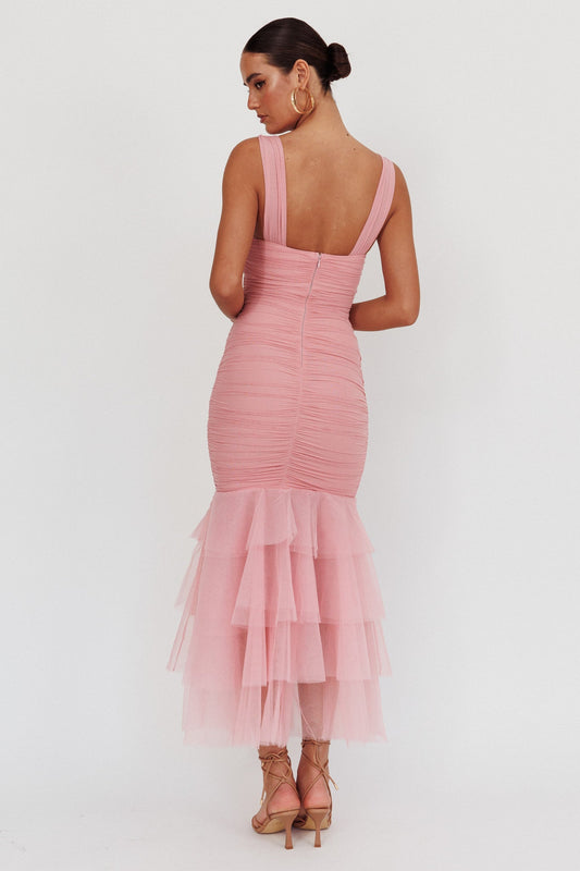 Nadia Tulle Hem Ruched Maxi Dress Pink