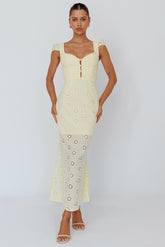 Bohemian Sun Cap Sleeve Eyelet Midi Dress Yellow