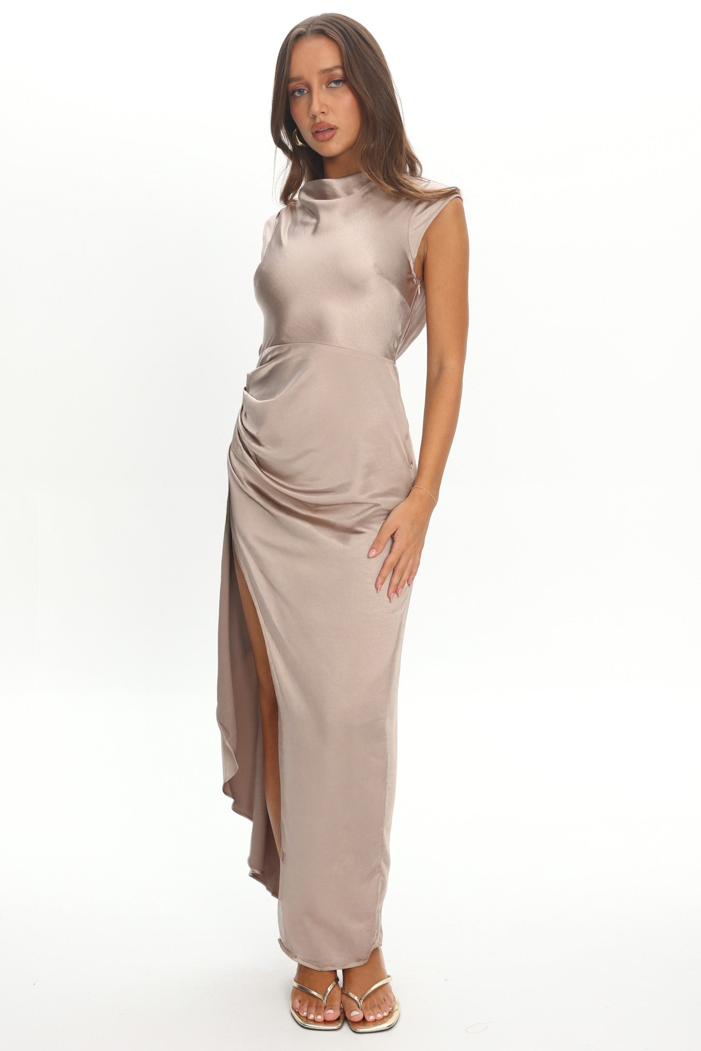 Grecian Cap Sleeve Cowl Back Dress Mocha