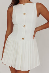 Opulent Pleat Skirt Button Mini Dress White
