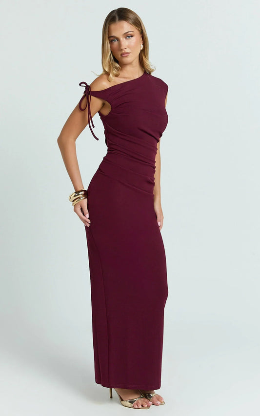 Belle Maxi Dress - Tie Shoulder Detail Dress in Wine