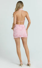 Ari Mini Dress - Fringe Beaded Dress in Light Pink