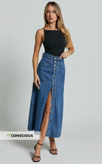 Alisa Midi Skirt - Button Through A Line Denim Skirt in Dark Blue Wash