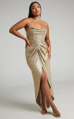 Adrie Midi Dress - Strapless Corset Bodice Dress in Gold