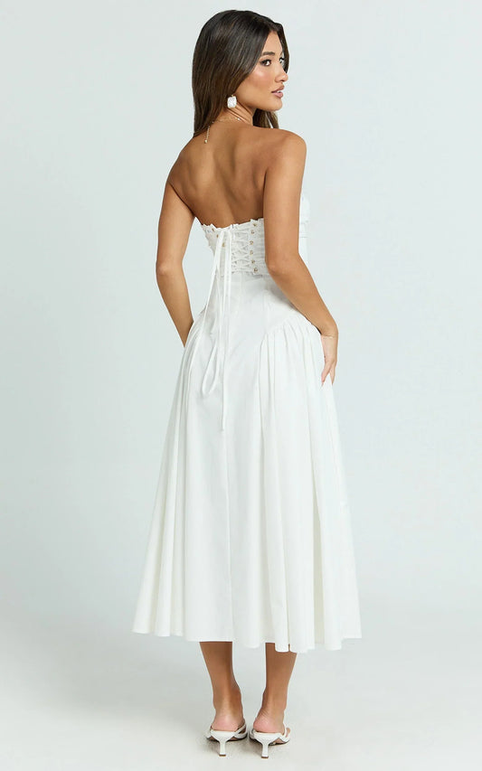 Bambi Midi Dress - Embroidered Strapless Lace Up Fit And Flare Dress in White