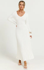 Astra Maxi Dress - V Neck Long Sleeve Knit Dress in White