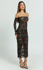 Amery Midi Dress - Off Shoulder Long Sleeve Stretch Fitted Skirt Dress in Black