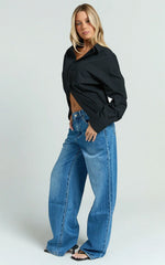 Amaris Top - Long Sleeve Open Back Tie Shirt in Black