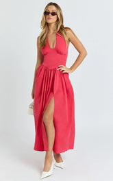 Belle Midi Dress - Keyhole Halter With V Yoke Dress in Red
