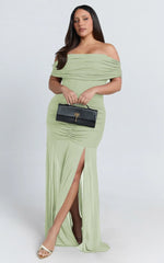 Alanna Maxi Dress - Off Shoulder Ruched Mesh Dress in Sage