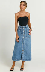 Alisa Midi Skirt - Button Through A Line Denim in Mid Blue Wash