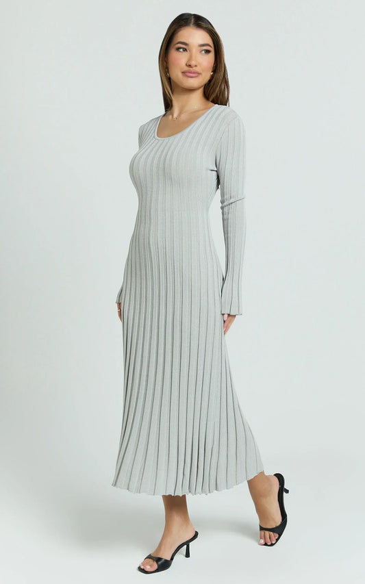 Blaire Midi Dress - Long Sleeve Tie Back Flare Dress in Grey Marle