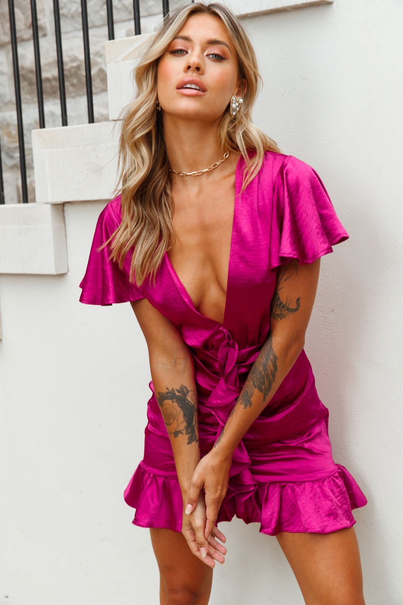 Cherish The Moment Ruched Ruffle Dress Plum