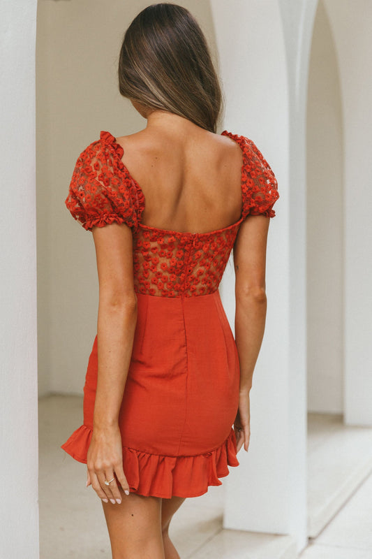 Field Dreams Puff Sleeve Tie-Up Bodice Floral Embroidery Mini Dress Rose