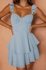 Theory Sweetheart Neckline Frill Strap Mini Dress Textured Blue
