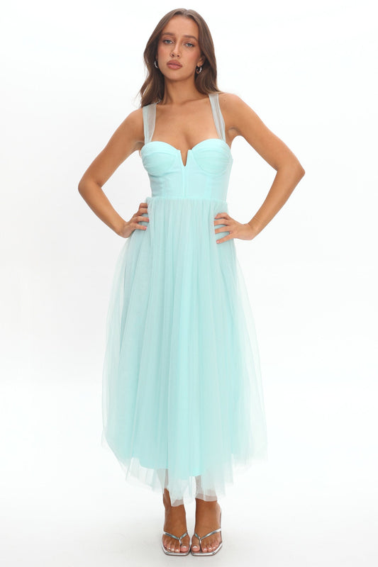 Surreal Lace-Up Back Tulle Midi Dress Mint