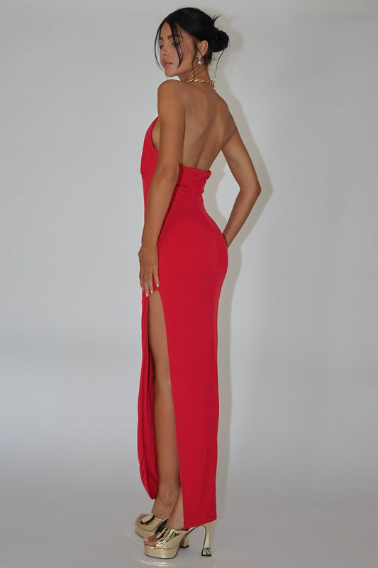 Slow Dance Chain Halter Midi Dress Red