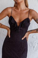 Evaleigh Frill Trim Lace Midi Dress Black