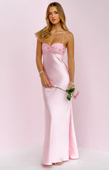 Chilli Pink Beaded Bust Satin Maxi Dress