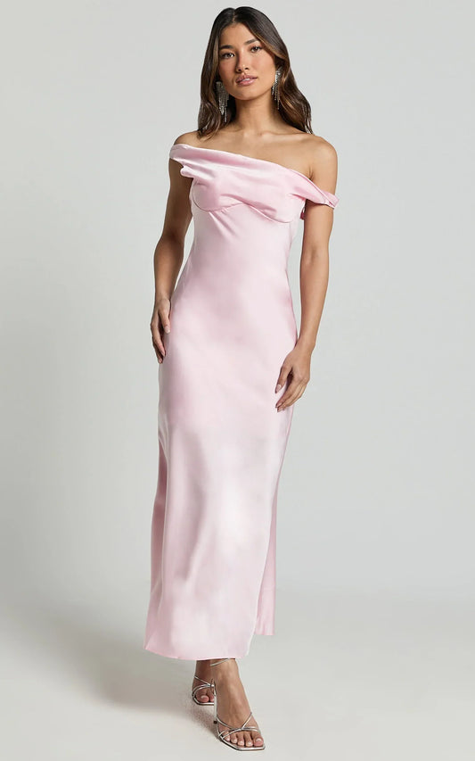 Alexia Midi Dress - One Shoulder Bust Slip Dress in Soft Pink