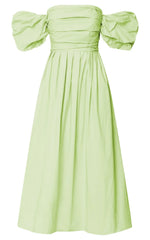 Annie Midi Dress - Off The Shoulder Ruffle Sleeve Pleated Dress in Lime