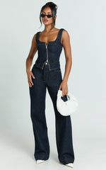 Bellerose Top - Front Zip Denim Fitted Top in Raw Denim with Tobacco Stitch