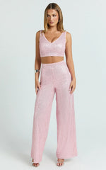 Abela Two Piece Set - Crop Top and Wide Leg Pants Set in Pink Sequin