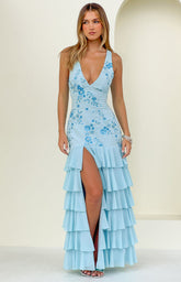 Eleanor Blue Sequin Ruffle Hem Maxi