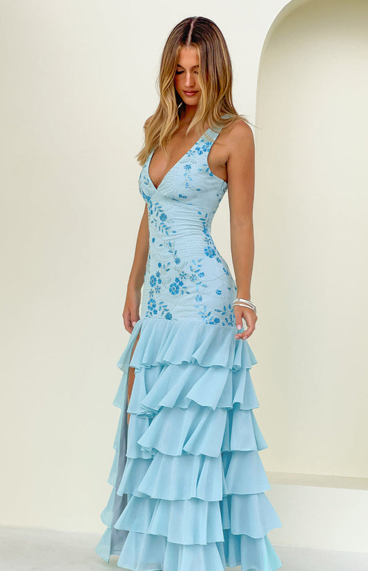 Eleanor Blue Sequin Ruffle Hem Maxi