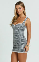 Becker Mini Dress - Strappy Bustier Ruched Bodycon Dress in Black Gingham