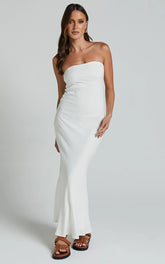 Aaliya Midi Dress - Linen Strapless Slip Dress in Off White