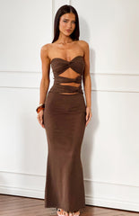 Junipa Chocolate Brown Strapless Cutout Maxi Dress