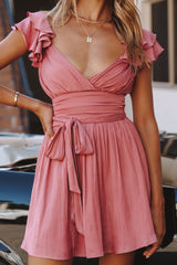 Lola Ruffle Shoulder Ruched Dress Rose