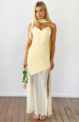Laila Yellow Satin Scarf Formal Maxi Dress