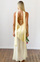 Laila Yellow Satin Scarf Formal Maxi Dress