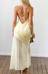 Laila Yellow Satin Scarf Formal Maxi Dress