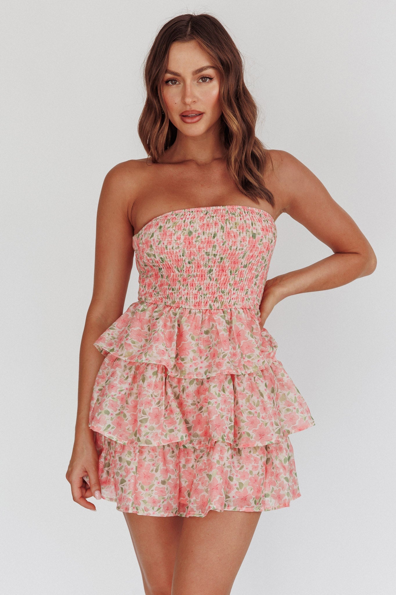 Like Angels Shirred Bodice Ruffle Mini Dress Pink