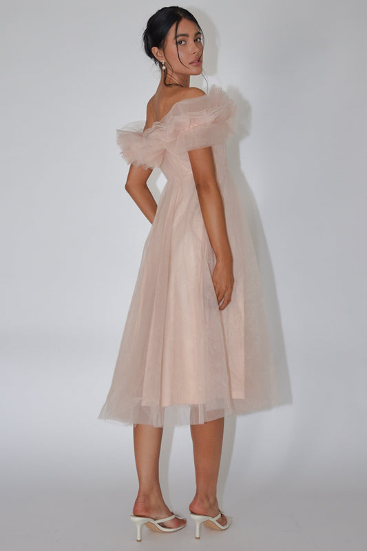 May Rose Off-Shoulder Tulle Midi Dress Taupe