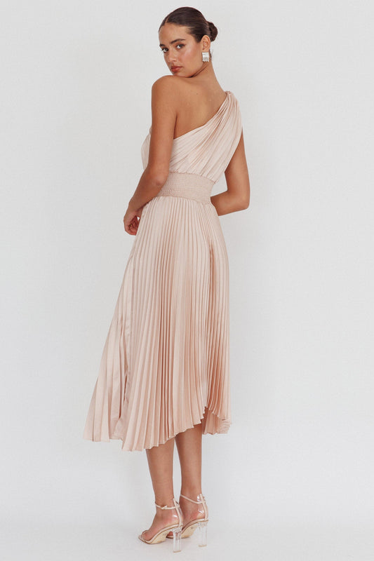 Calissa One Shoulder Pleated Midi Dress Champagne