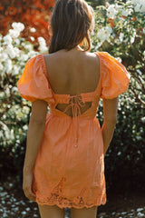 Lovers Lane Lace Trim Puff Sleeve Dress Neon Orange