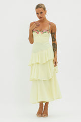 Rose Garden Tiered Ruffle Floral Trim Dress Lemon